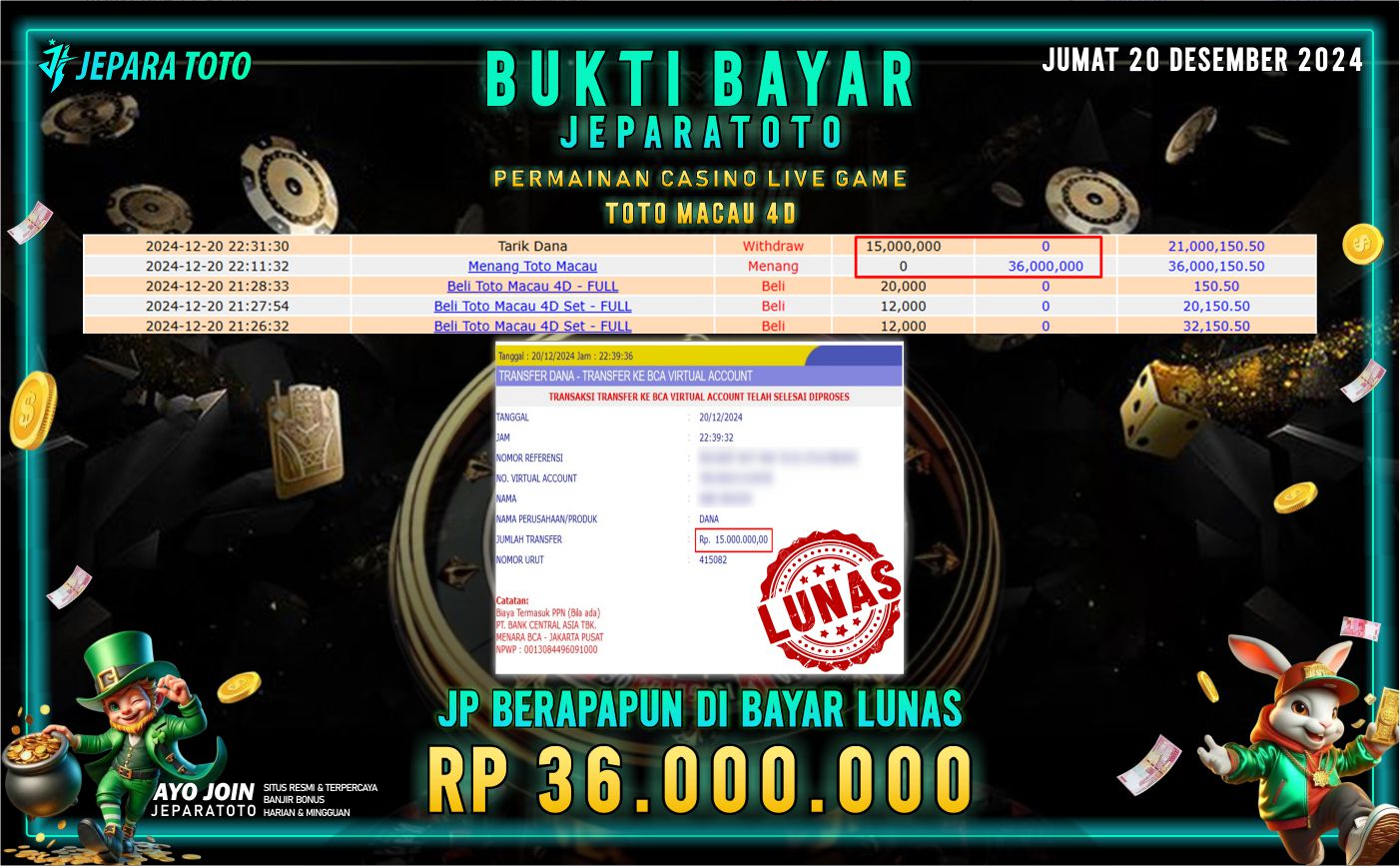 BUKTI KEMENANGAN CASINO LIVE GAME TOTO MACAU 4D MEMBER JEPARATOTO