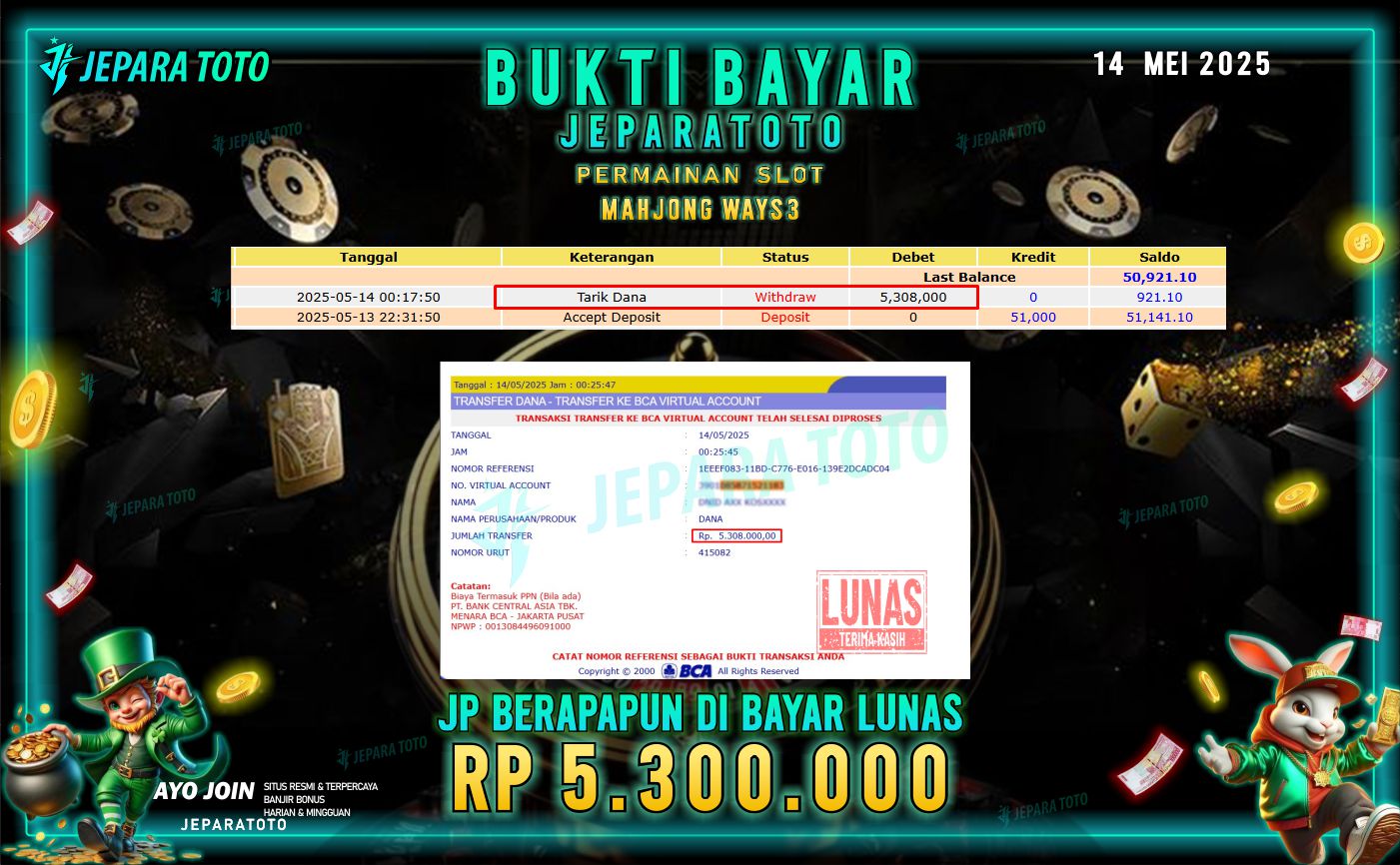 BUKTI KEMENANGAN MEMBER JEPARATOTO | MAHJONG WAYS3