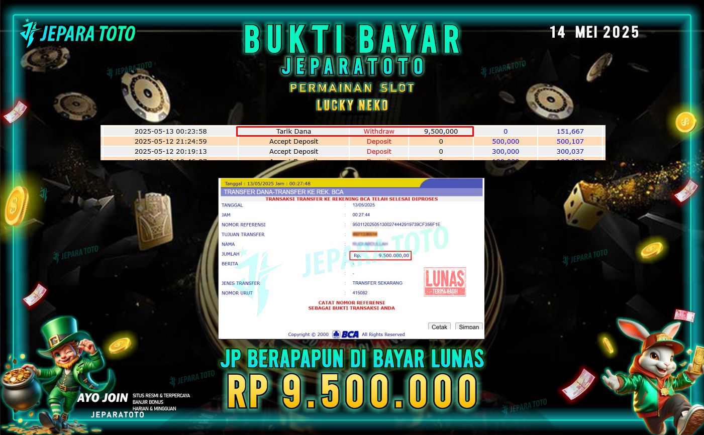 BUKTI KEMENANGAN MEMBER JEPARATOTO | LUCKY NEKO